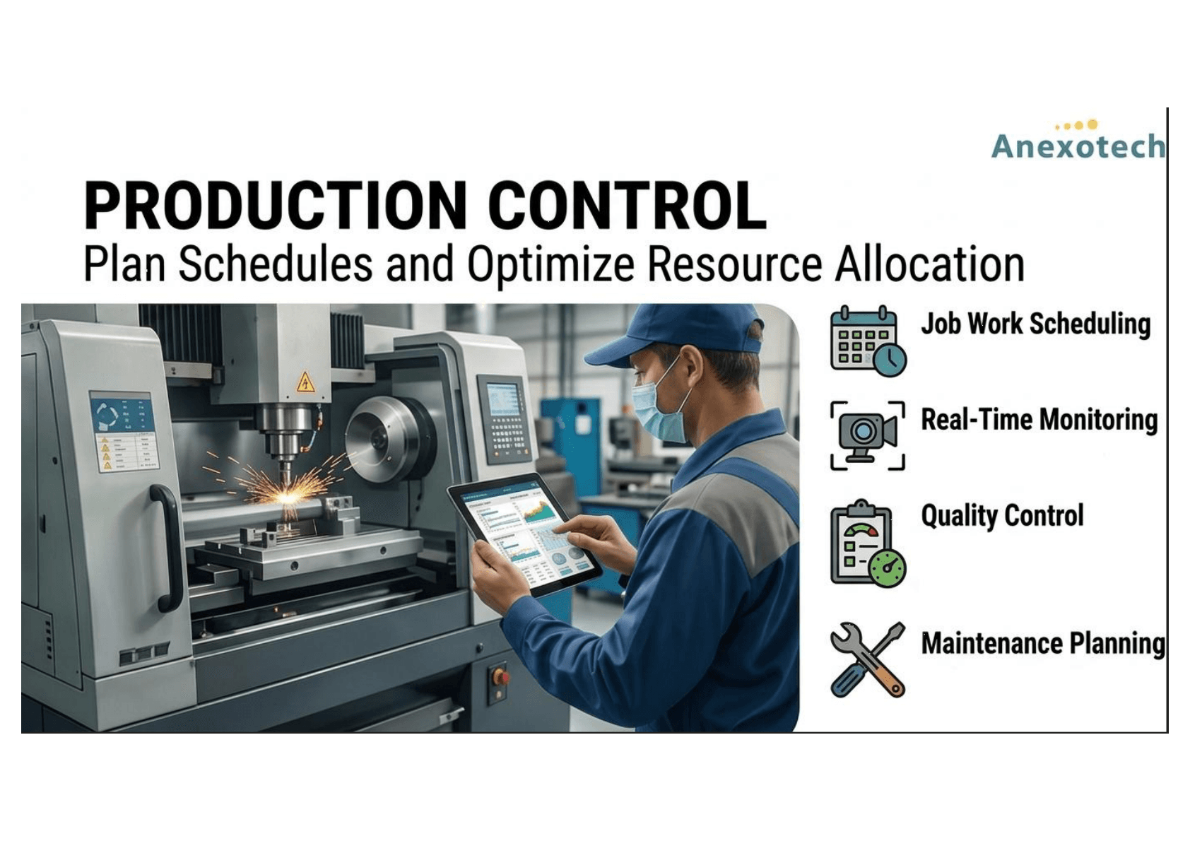 Manufacturing floor with CNC and technician reviewing production analytics on a tablet