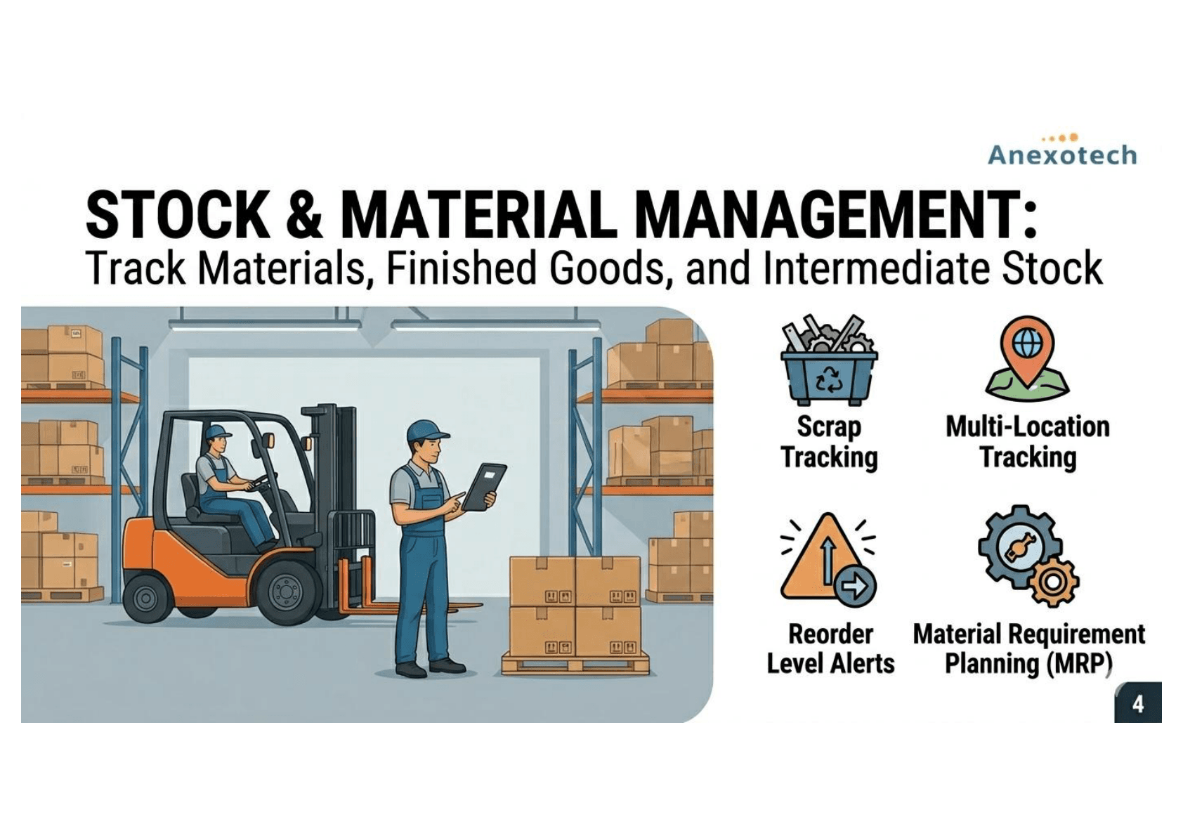 Warehouse illustration with team tracking inventory on tablets